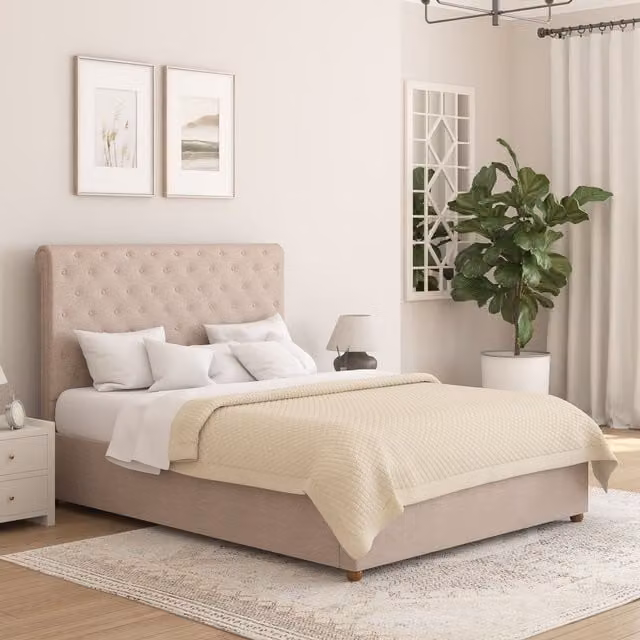 Aspire Taylor Ottoman Storage Bed Frame in Sand Saxon Twill Fabric, Double, W/D/H: 140 x 200 cm – 1