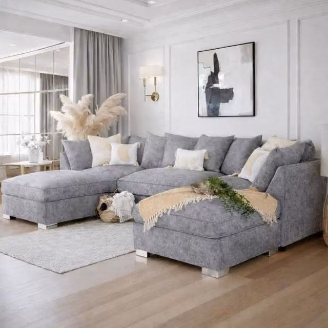 Home & Love Bishop U Shape Cinema Scatter Corner Sofa in Grey Platinum Fabric with Matching Ottoman and Scatter Cushions