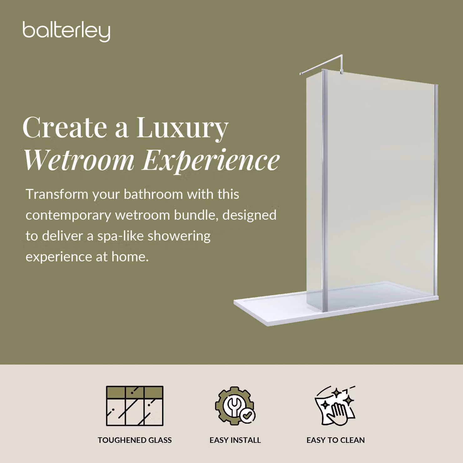 Balterley 8mm Glass Walk-In Wetroom Screen and Return with Tray, Silver and Chrome, W/D/H: 1700 x 800 x 195 mm – 3