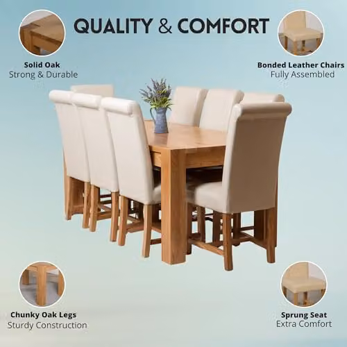 Oak Furniture King Kuba Dining Set with 8 Washington Upholstered Leather Chairs, Natural Oak, W: 180 cm, D: 90 cm, H: 78 cm – 3