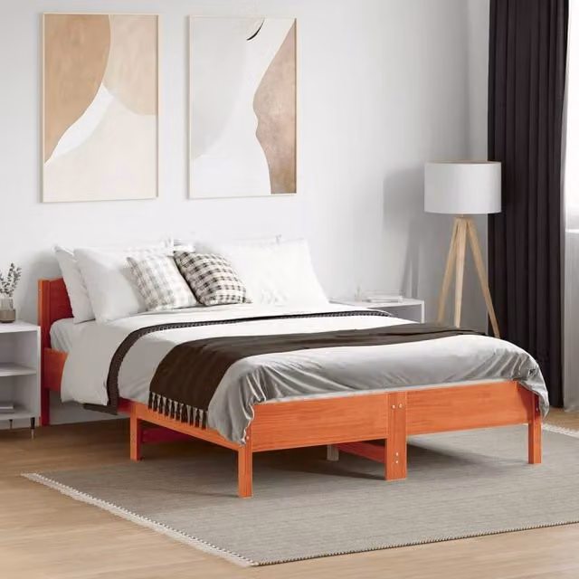 Berkfield Home Beautiful Solid Wood Pine Bed Frame in Waxed Brown, W/D/H: 140.5 x 190 x 74.5 cm