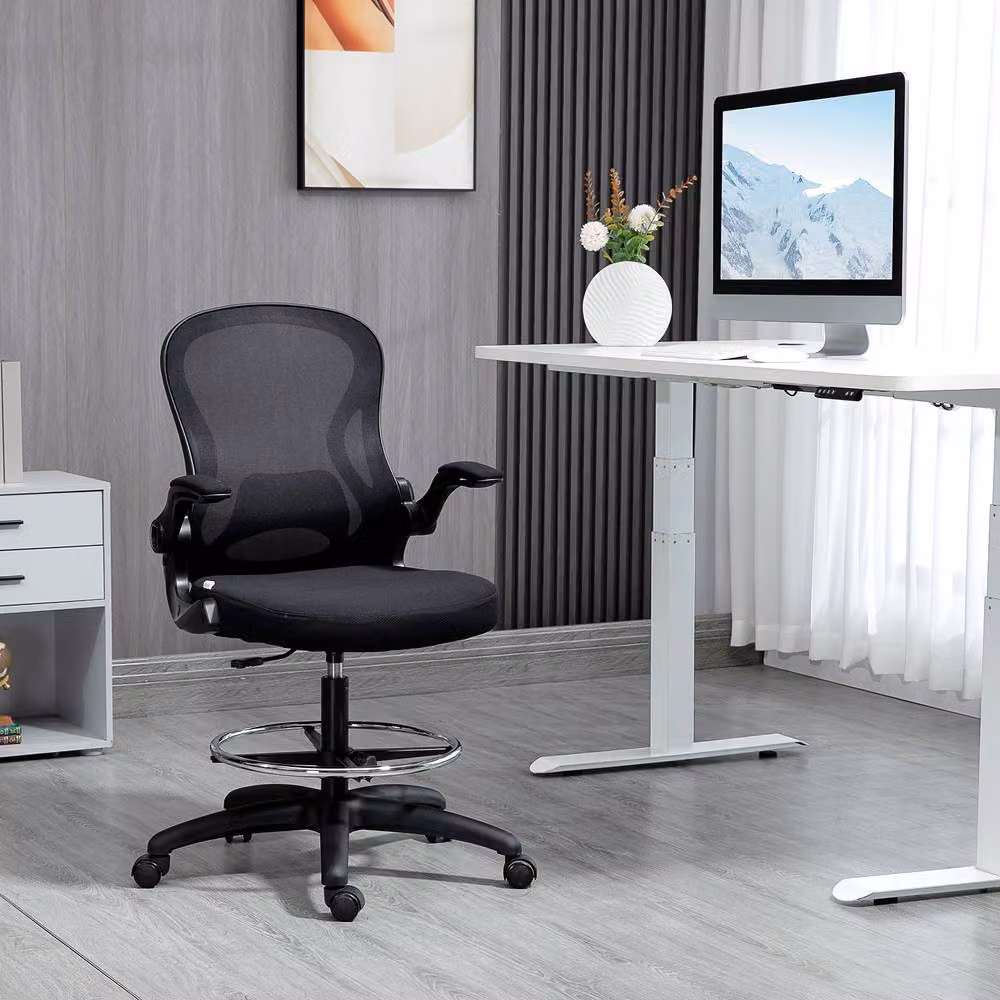 STILVORA Black Fabric High Drafting Office Chair with Flip-up Armrests and Foot Ring – 2