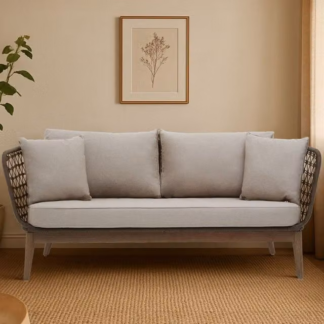 Orsina Mid-Century Rattan 3 Seat Sofa with Grey and Beige Cushions – 2