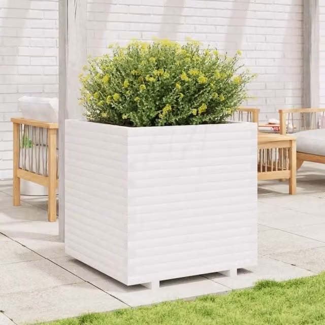 Berkfield Home Beautiful Garden Planter Tub in White Solid Wood, W/D/H: 70 x 70 x 72.5 cm