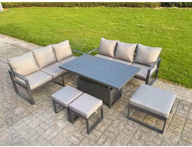 Fimous 6-Piece Powder Coated Aluminium Outdoor Sofa Set in Dark Grey with Lifting Table, Cushions and Ottomans – 1