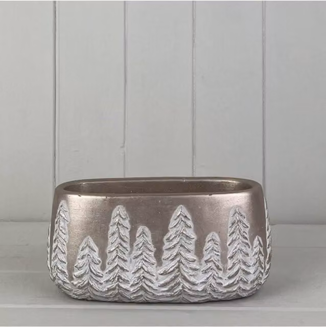 KDMD Champagne Gold Oval Ceramic Pot with Embossed Trees and Floral Design