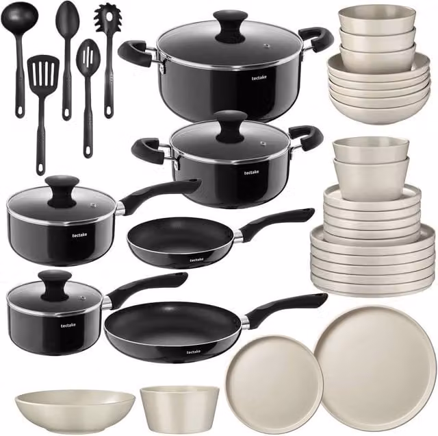 tectake Una & Varese 39 Piece Kitchen and Dinnerware Set in Black and Taupe – 1