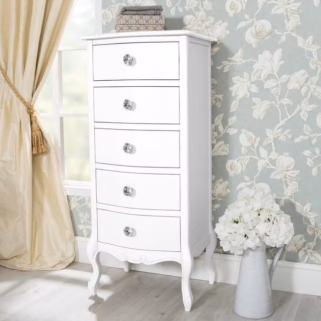 Statement Furniture Juliette Vintage Chic 5 Drawer Tallboy in White, H 120 cm x W 40 cm x D 53 cm