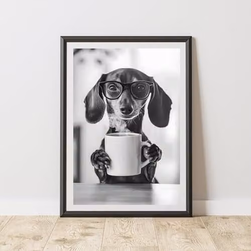 60 Second Makeover Funny Dachshund Drinking Coffee Multicolour Paper Poster, A4