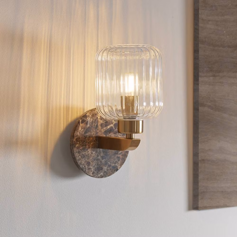 Netlighting Travi Vintage Ribbed Wall Lamp in Brown and Gold Brass with Transparent Glass and E14 Socket – 2