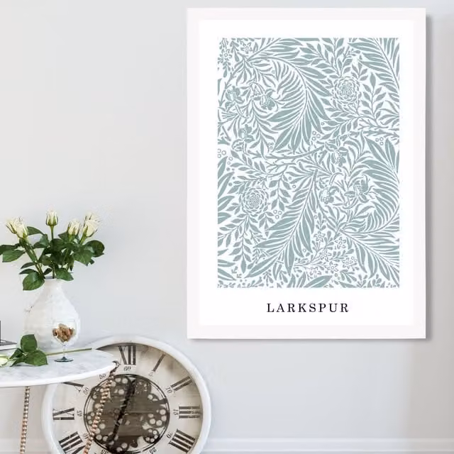 ARTZE Vintage William Morris Larkspur Floral Art Print in Mint and White with White Frame, A3 – 1