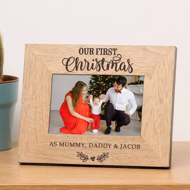 Uniqueful Personalised Our First Christmas Wood Picture Frame, Brown, W: 17.78 cm x H: 17.78 cm