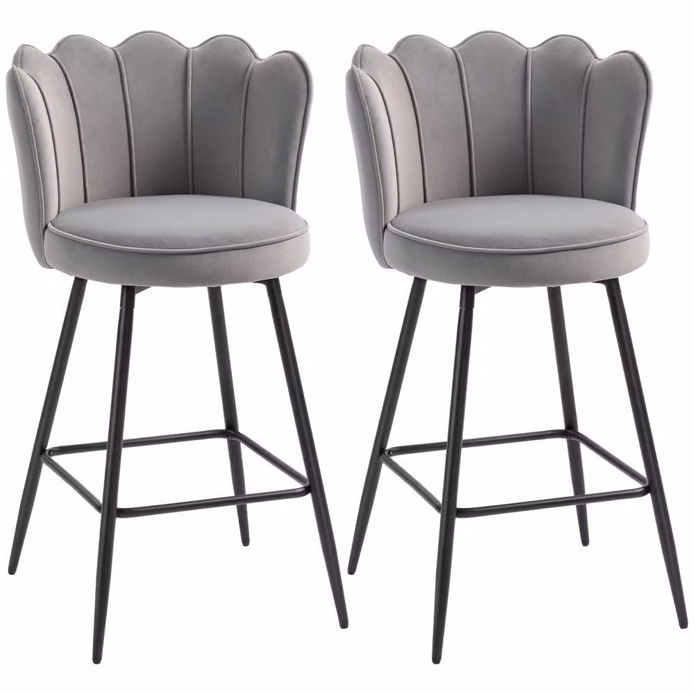 Wyld Haus Ramette Set of 2 Grey Velvet Lotus Style Bar Stools with Sculpted Seats and Metal Frames – 2