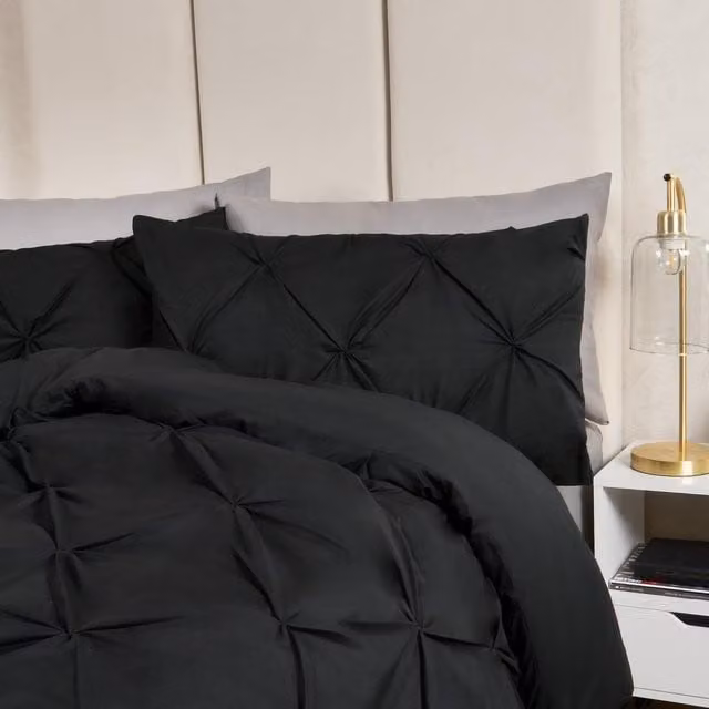 Highams Diamond Pintuck Duvet Set and Pillowcase in Black, Single, W: 90 cm, H: 200 cm
