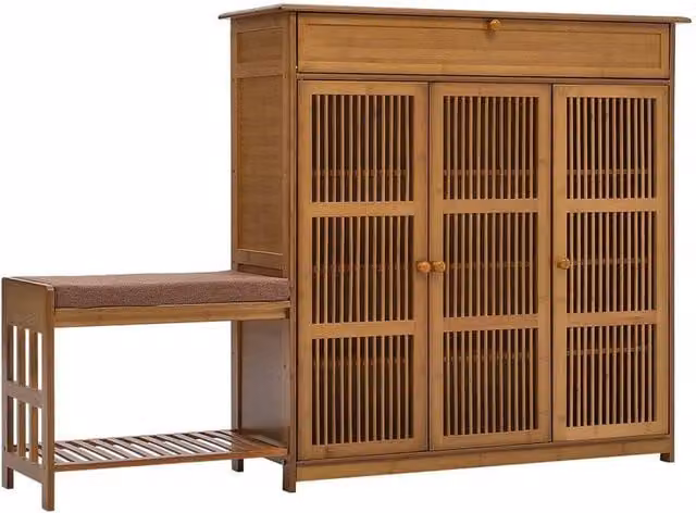 KORVIXA 2 in 1 Combo Shoe Cabinet and Linen Seat Bench Stool in Brown, W/D/H: 100 x 100 x 100 cm – 1