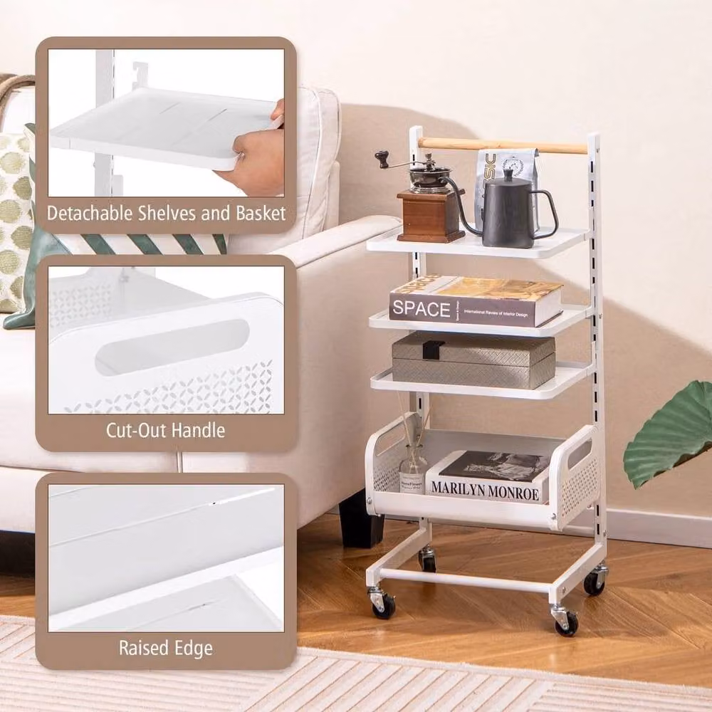 KORVIXA Chic 4 Tier Metal Utility Rolling Storage Cart in White, W: 60 cm, D: 45 cm – 4