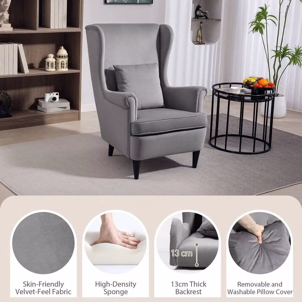 FORGEVIO Modern Grey Velvet Wingback Accent Chair with Armrests, H: 83 cm, W: 75 cm, D: 104 cm – 4