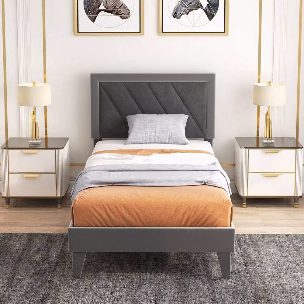 SPETLEK Single Velvet Upholstered Platform Bed Frame with High Headboard in Grey – 3