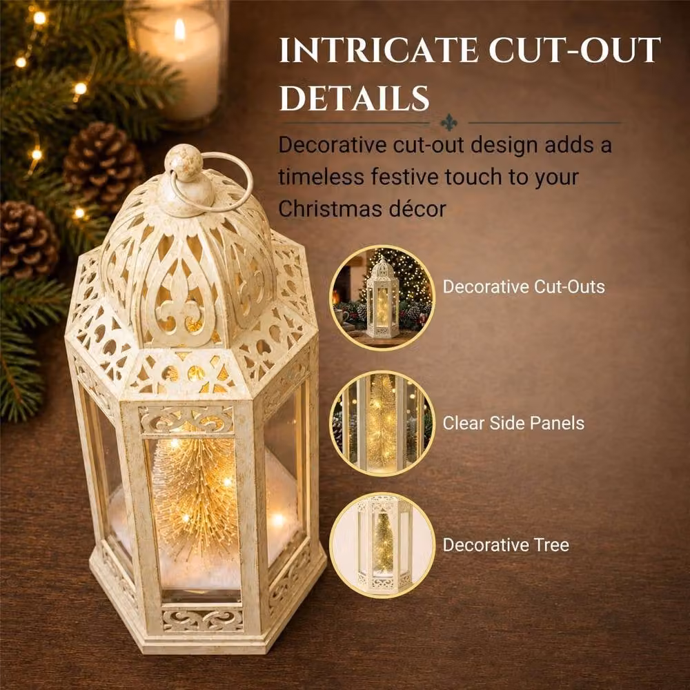 Shatchi Gold Battery Operated LED Christmas Lantern, Vintage Hexagonal Tabletop Design, Height: 30 cm – 4