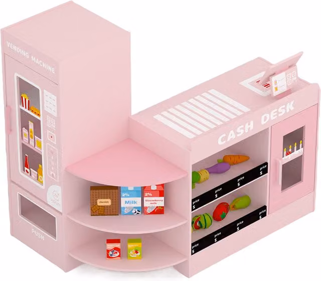 Costway Pink Wooden Supermarket Play Toy Set