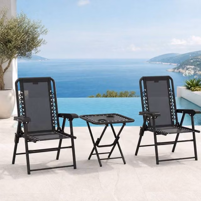 STILVORA Black Metal Garden Bistro Set with Folding Mesh Seats