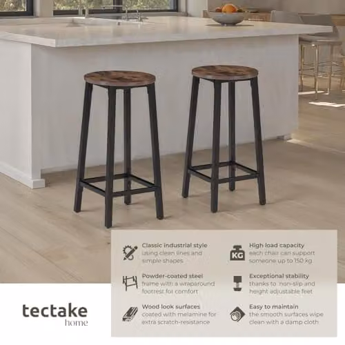 tectake Set of 2 Corby Industrial Bar Stools with Wooden Seats in Brown – 4