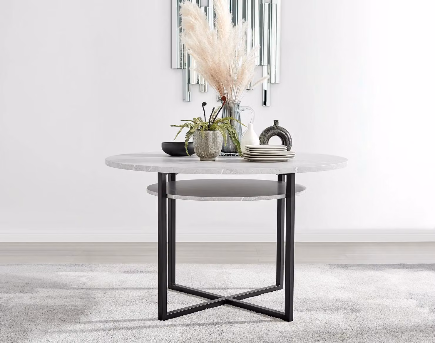 FurnitureboxUK Adley Grey Concrete Effect Round Dining Table and 4 Belgravia Black Velvet Chairs – 2