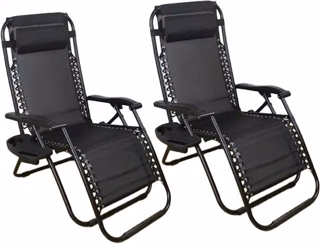 Shatchi Set of 2 Black Zero Gravity Recliner Chairs with Cup Holders and Textilene Fabric