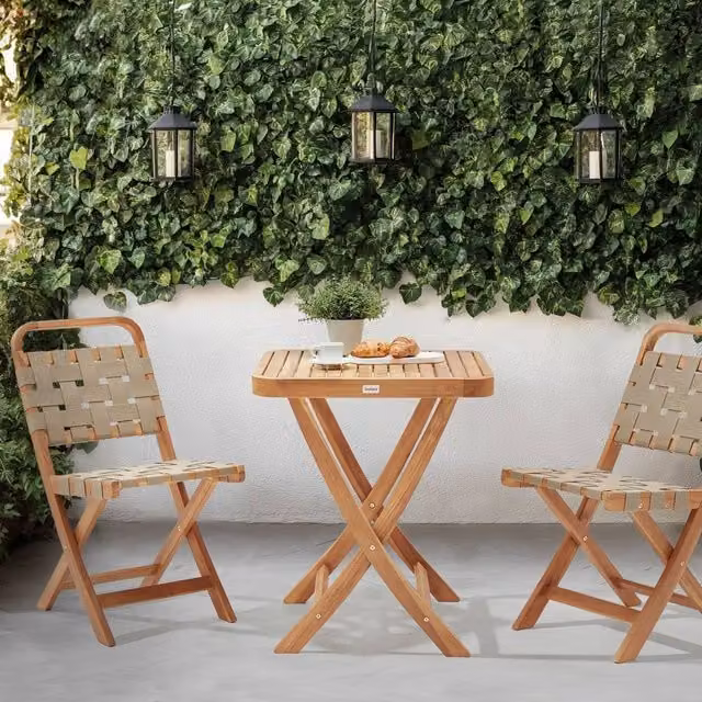 Wyld and Coco 3-Piece Folding Bistro Set in Brown Oiled Acacia Wood featuring 2 Chairs and a Tea Table