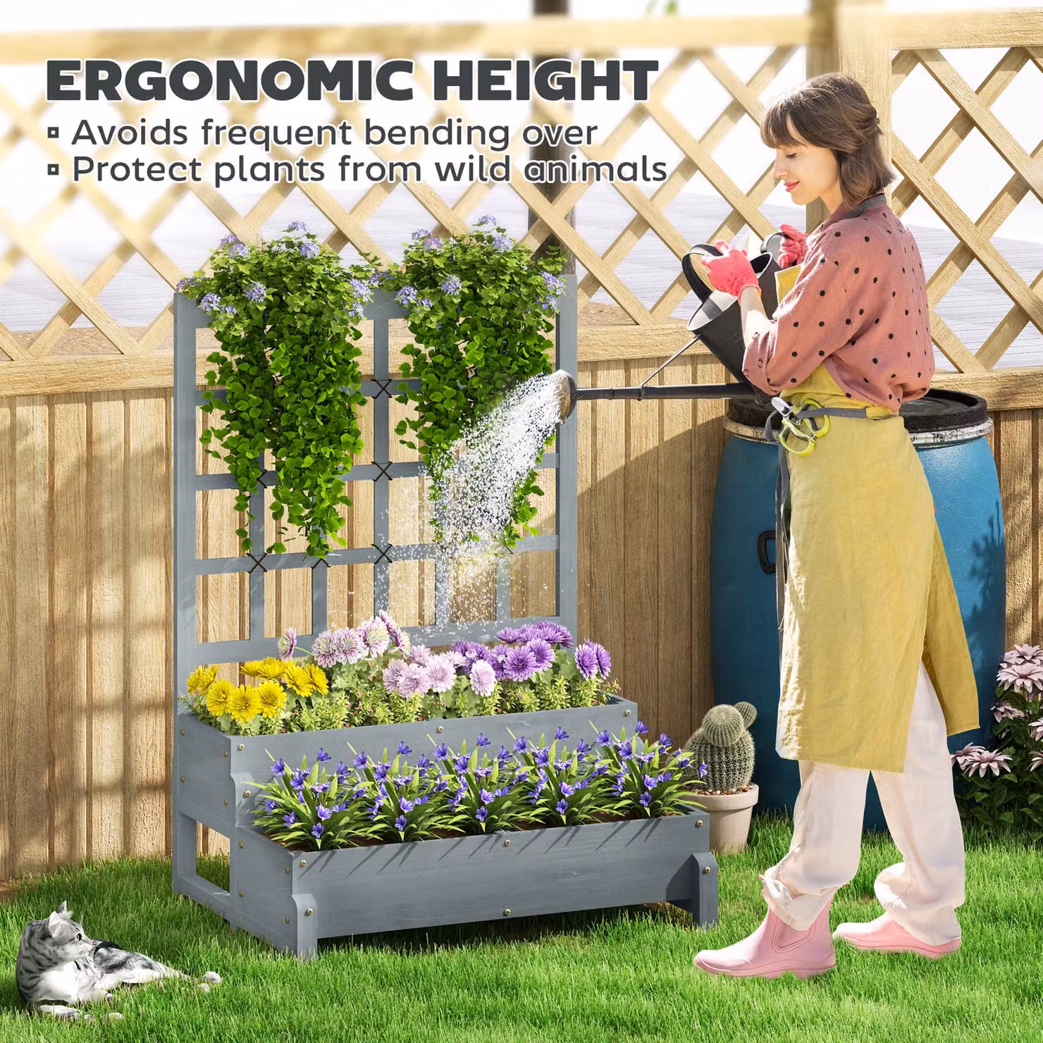 Outsunny 2-Tier Wooden Raised Garden Bed with Trellis and Drainage Holes, Grey Elevated Planter Box for Vegetables and Flowers – 5