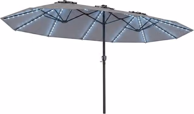 Costway 15ft Double-Sided Cantilever Outdoor Patio Umbrella with 144 Solar LED Lights in Grey