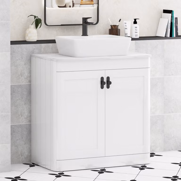 Royal Bathrooms Henley 800mm Gloss White Floor Standing 2 Door Vanity Unit with Cube Basin and Matt Black Knob