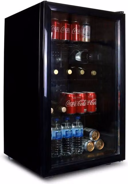 SIA DC1BL Under Counter Drinks Fridge and Beer or Wine Cooler with Glass Door, Black, 118L, W/D/H: 53.5 x 49.5 x 84.5 cm