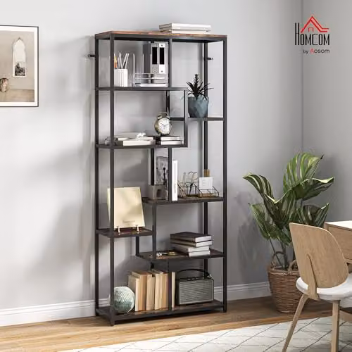 HOMCOM 7-Tier Industrial Floor Standing Bookshelf in Rustic Brown and Black, H: 180 x W: 80 x D: 30 cm – 2