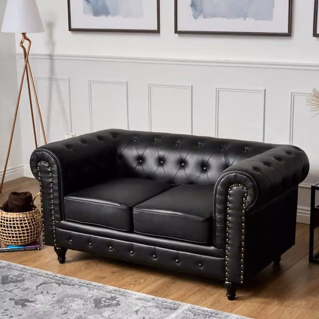 Bravich LTD Chesterfield 2 Seater Sofa in Black Faux Leather with Button Tufting and Wooden Legs