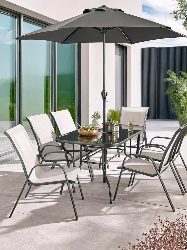 Province 8-Piece Rectangular Garden Dining Set with Glass and Metal Table in Black and Grey