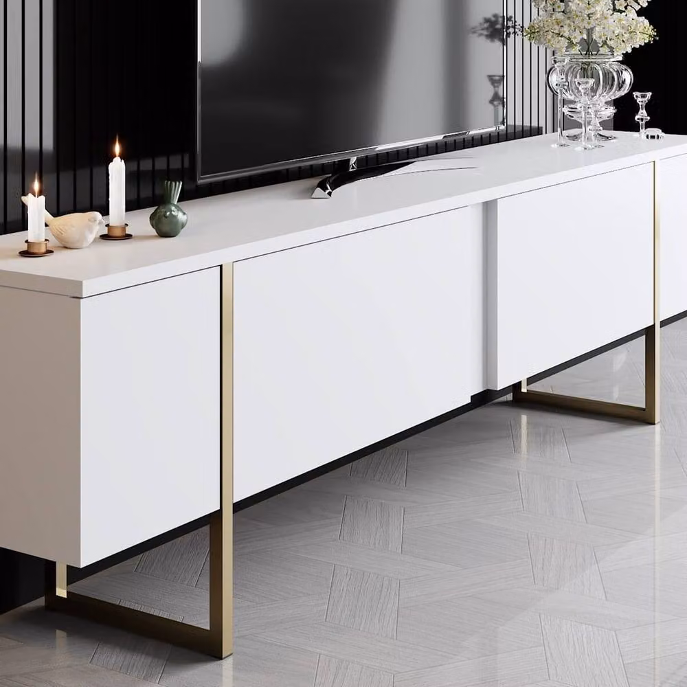 Calicosy Luxury Modern TV Stand with 2 Drop-Down Doors, White, W: 180 cm, D: 30 cm, H: 30 cm – 3