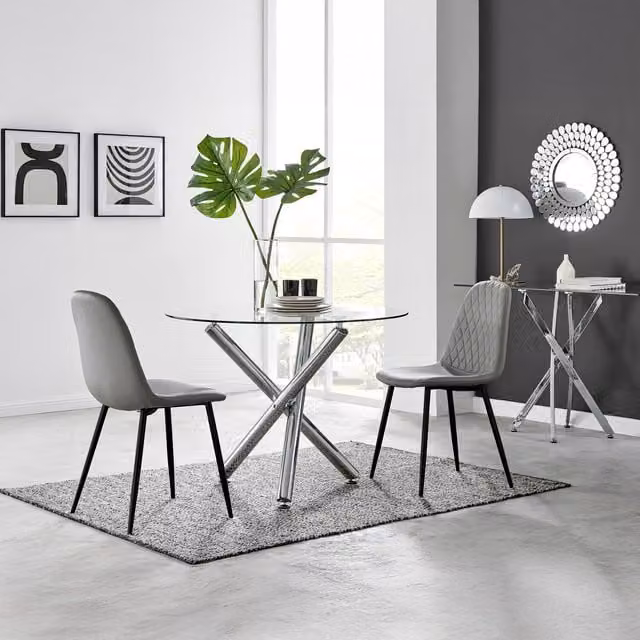 FurnitureboxUK Selina Round Glass Dining Table with Two Corona Black Leg Chairs in Grey