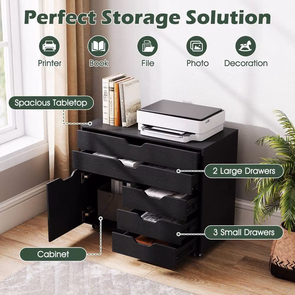 Gymax Mobile Chest of Drawers and Lateral File Cabinet with Printer Stand and Doors in Black – 5