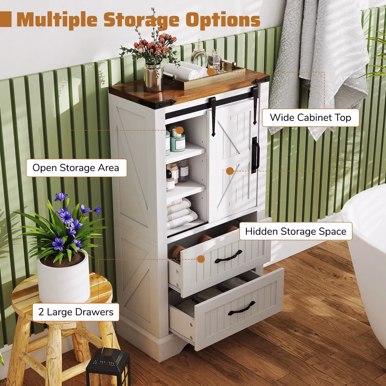 Gymax White Farmhouse Style Freestanding Bathroom Floor Cabinet with Sliding Doors, Internal Drawers and Shelves – 5