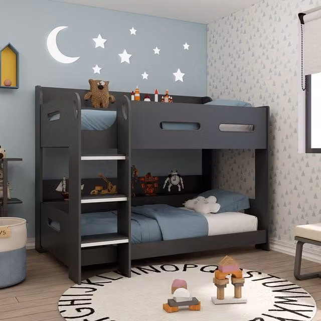 Kudl Modern Two-Tier Childrens Bunk Bed with Side Storage Shelves in Anthracite Grey – 1