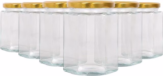 Argon Tableware Hexagonal Glass Jam Jars with Gold Screw-Top Metal Lids, 250ml, Pack of 6