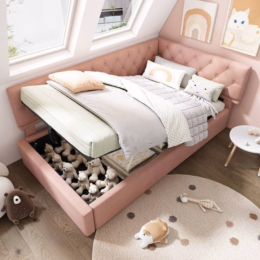 Merax L Shaped Single Sofa Daybed with Hydraulic Storage, Pink, W/D/H: 190 x 90 x 77 cm – 7