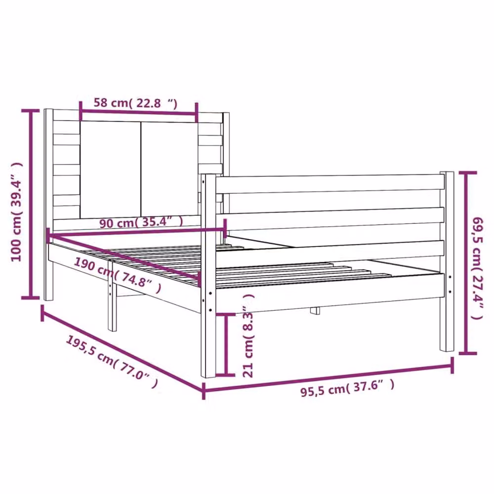 Berkfield Home Single Bed Frame in Brown Solid Pine Wood, W/D/H: 90 x 190 cm