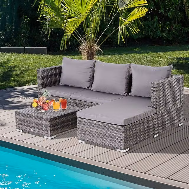 Outsunny 4-Seater L-Shape Rattan Garden Furniture Set with Coffee Table and Upholstered Cushions in Grey