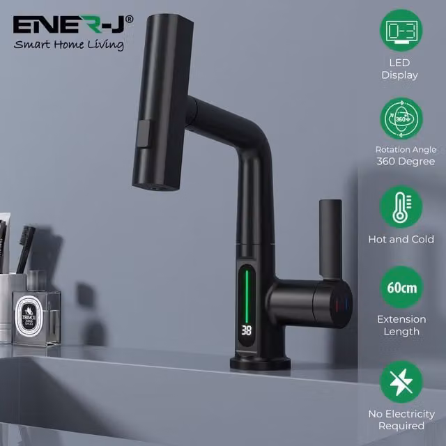 ENER-J Matt Black Waterfall Basin Tap with LED Temperature Display and Pull-Out Sprayer in Stainless Steel – 1