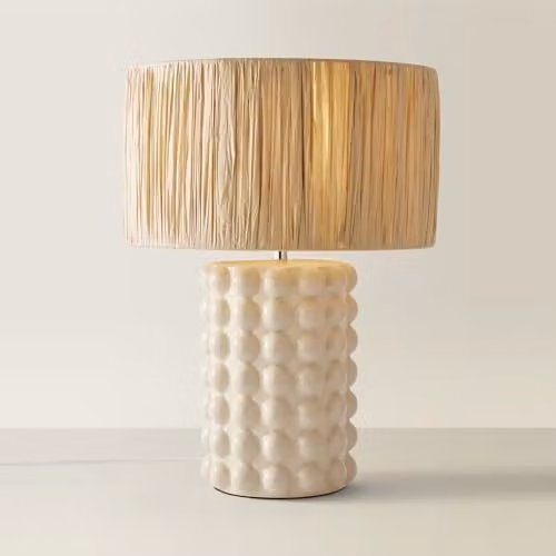 ValueLights Stone Bobble Ceramic Bedside Table Lamp with Natural Raffia Lampshade in Grey and Beige with Included LED Bulb – 1