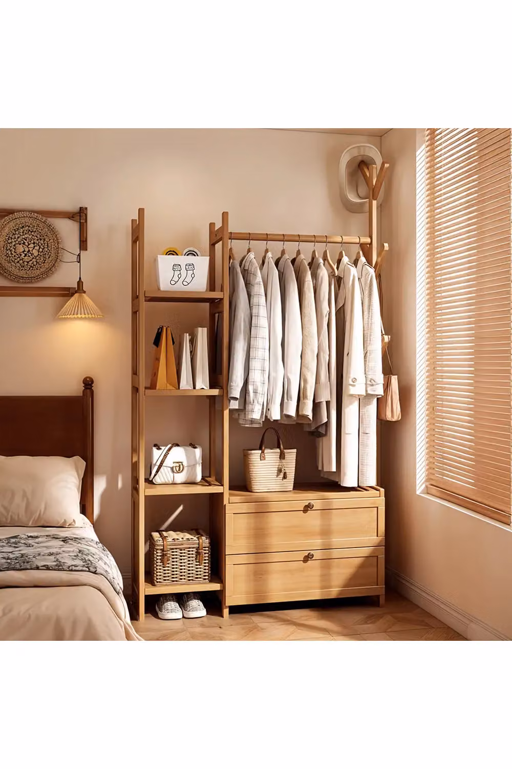 Living and Home Freestanding Bamboo Clothes Rack with Storage Shelves in Natural Brown – 2