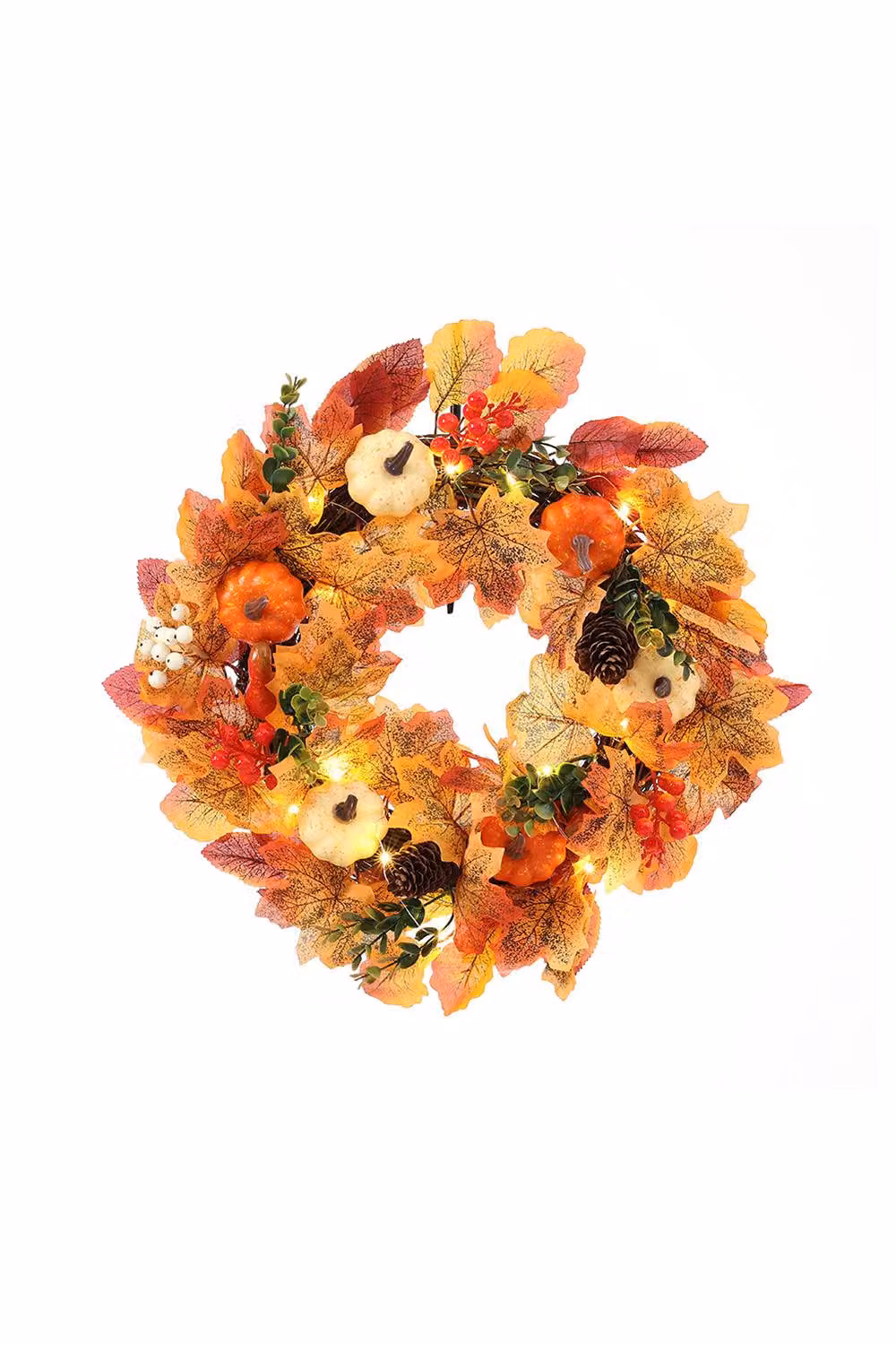 H&O Direct Autumn and Halloween Hanging Front Door Wreath with White and Orange Pumpkins, Leaves and Floral Elements in White, Orange, Red and Green – 3