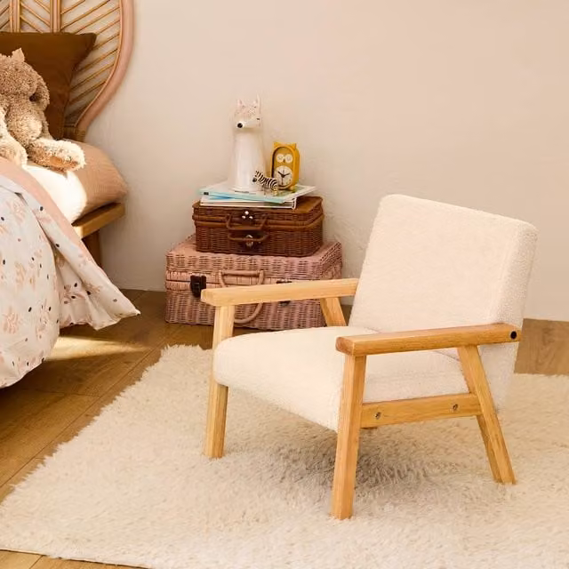 sweeek Children's Scandinavian Style Armchair in White Bouclé Fabric with Rubberwood Frame, W/D/H: 50.0 x 43.5 x 47.0 cm